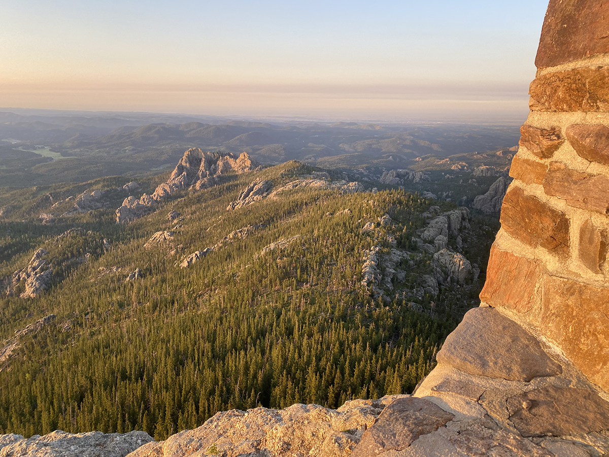 Black Elk Peak trail near Custer, SD. View from tower at sunset