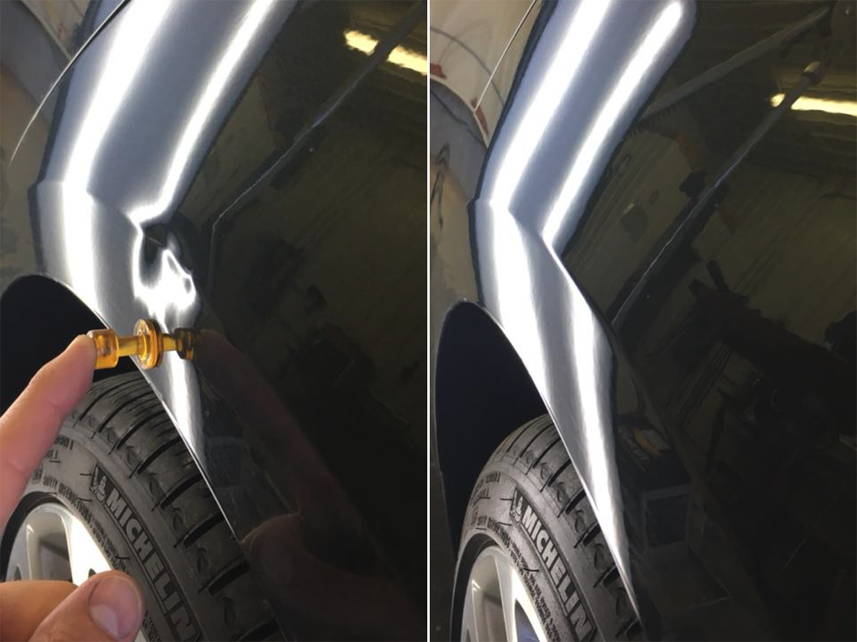 Precision Dent Repair before and after photos of a car body dent