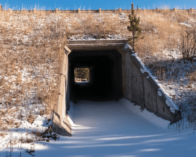 Mickelson Trail - Hill City Trailhead snowy concrete underpass