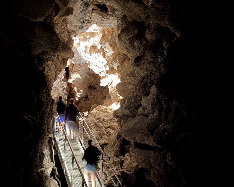 People walking up stairs to get out of Jewel Cave